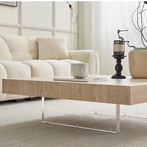 方形茶几诧寂风洞石岩板茶几家用客厅法式悬浮现代轻奢极简茶桌 - 图1