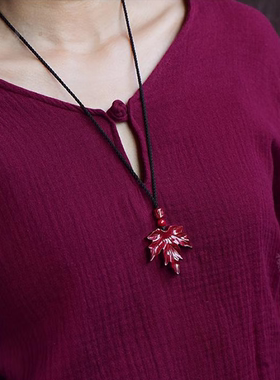 朱砂枫叶吊坠男女大气项链紫金砂转运毛衣链品位饰品挂件生日礼物