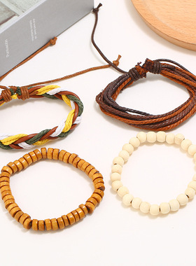 厂家直销网红手链复古手工编织diy四件套牛皮手链简约麻绳手绳