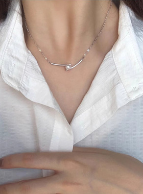 s925纯银筷子淡水珍珠项链女ins法式轻奢小众设计几何交叉锁骨链
