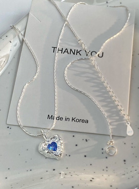 s925纯银熔岩蓝色爱心项链女ins冷淡风小众设计不规则心形锁骨链