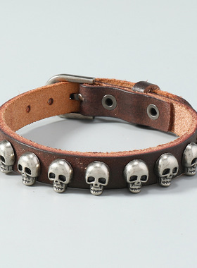 跨境新款饰品欧美朋克风男士手镯简约百搭复古合金骷髅头牛皮手链