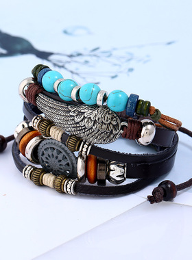 欧美新款饰品多层串珠牛皮手链跨境电商货源编织合金羽毛真皮手链