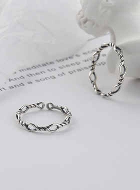 韩国韩版s925纯银复古做旧镂空麻花泰银戒指简约时尚链条开口戒指