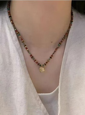 新中式美拉德仿虎眼石串珠项链女新款气质复古个性几何百搭毛衣链