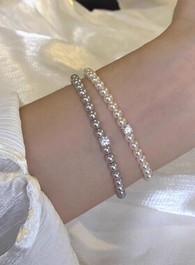 s925纯银流心方糖锆石正圆仿施家珍珠手链女 轻奢精致高级感手串