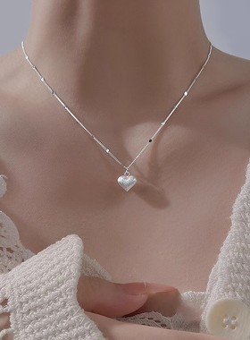 s925纯银拉丝爱心项链女ins小众轻奢甜美磨砂心形超闪亮片锁骨链