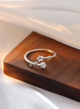s925纯银星星戒指女 轻奢小众设计高级感ins镂空闪钻流星开口指环