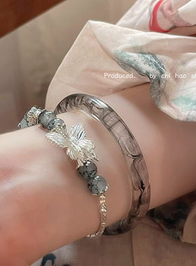 新中式国潮水墨画晕染渐变手镯女小众个性气质古风百搭平安锁手链
