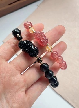 水晶貔貅七夕情侣手链 一对天然黑曜石草莓晶手串男女七夕节礼物