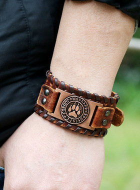 跨境爆款饰品北欧复古维京图腾牛皮手链奥丁标记男士朋克真皮手链