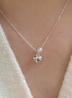 s925纯银仿珍珠爱心项链女ins夏季甜美小清新简约立体心形锁骨链