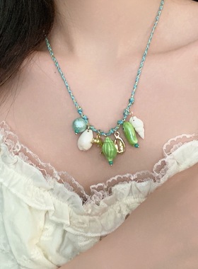 小众饰品彩绳编织夏季首饰贝壳海星陶瓷吊坠时尚多巴胺夏季项链