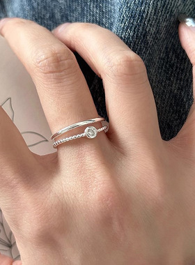 s925纯银闪钻双层戒指女ins小众设计极简风几何线条锆石开口指环