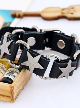 跨境配饰 欧美首饰品 男士手链 个性五角星朋克牛皮手链手环