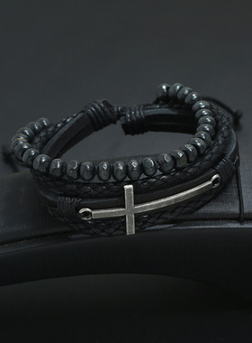 欧美跨境速卖通新款黑色复古串珠牛皮手链简约多层编织皮革手链