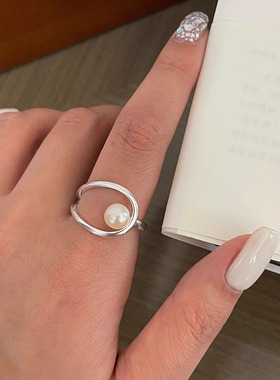 s925纯银不规则线条淡水珍珠戒指女ins简约通勤小众轻奢设计指环