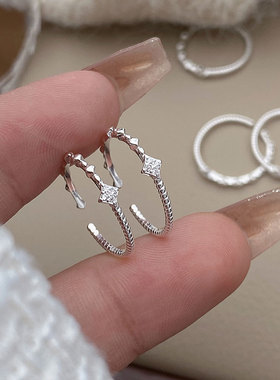 s925不对称四叶花尾戒小清新方形麻花戒指小众设计微镶时尚女指环