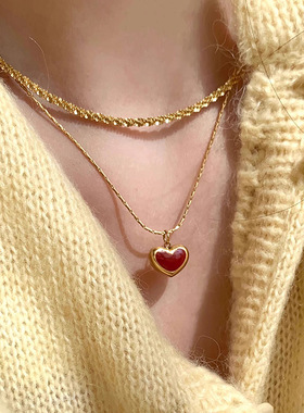 s925纯银红色爱心项链女ins小众轻奢风气质高级感心形滴油锁骨链