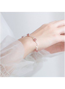 S925银招桃花枝草莓晶森系桃花手链个性气质学生闺蜜送女友简约手