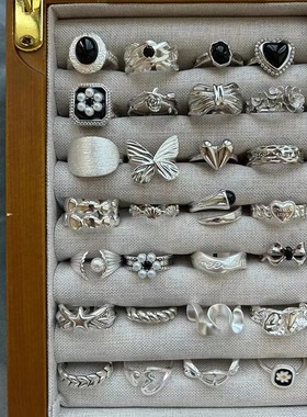 轻奢重工素圈黑玛瑙戒指女小众复古高级感开口可调节指环饰品