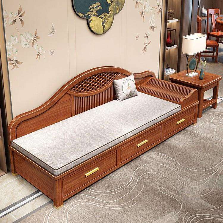 新中式紫金檀木实木贵妃椅冬夏两用木蜡油沙发椅小户型储物沙发床 - 图0