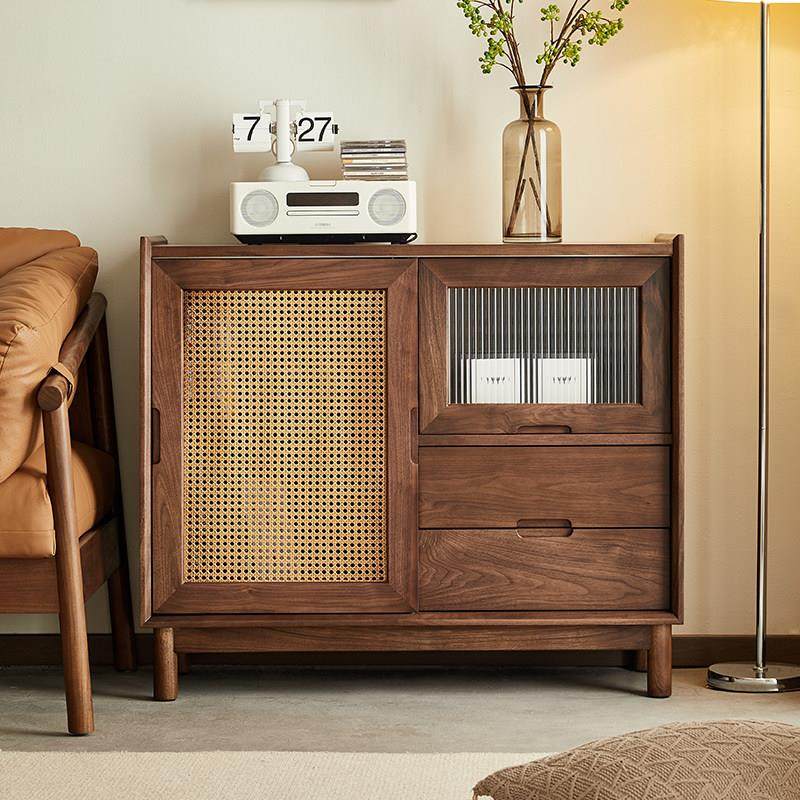 yamoo北欧实木餐边柜现代简约北美黑胡桃茶水柜藤编玻璃门储物柜,淘宝优惠券,粉丝福利购,淘宝优惠卷