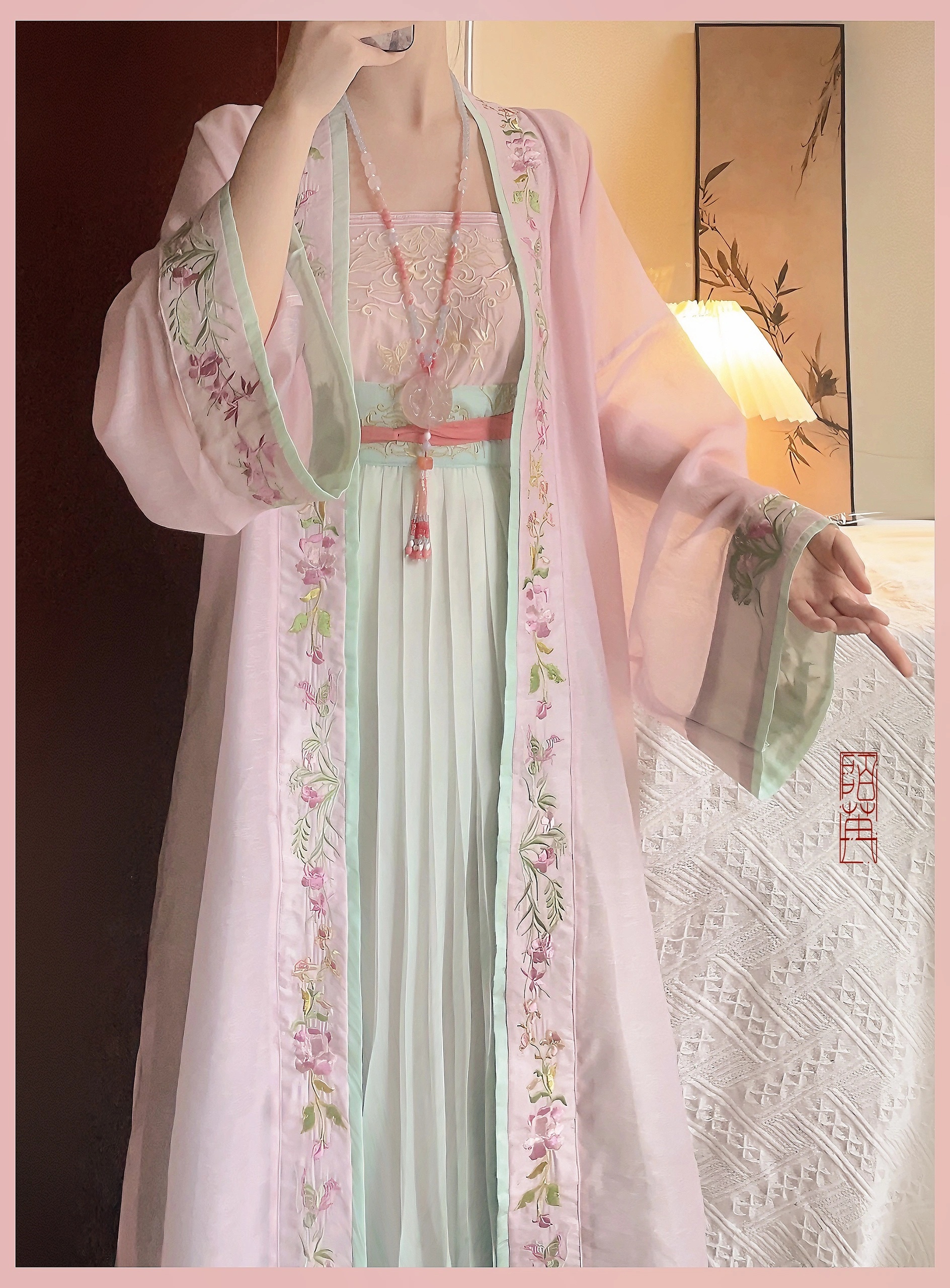 原创汉服女【夏至】宋制重工刺绣对襟衫吊带百迭裙日常套装春夏季 - 图0