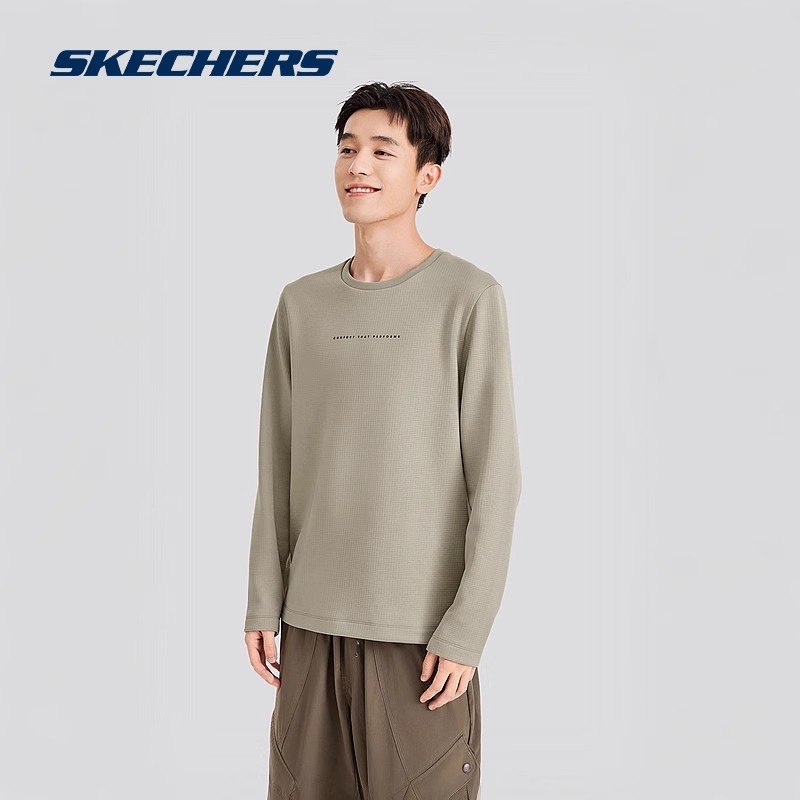 Skechers斯凯奇秋男针织加绒保暖长袖T恤时尚上衣蓄热舒适打底衫