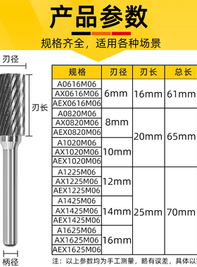 硬质合金旋转锉刀钨钢铣刀木工铝用金属打磨头旋转挫修边刀头6mm