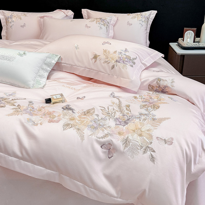 轻奢风A类200支长绒棉四件套全棉花卉刺绣被套床单纯棉床上用品