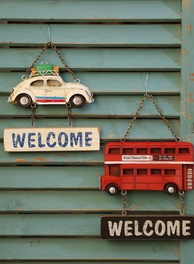 极速英伦红色巴士小汽n车挂墙壁装饰乡村复古风welcome室内西餐厅