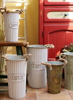 极速美式复古怀旧桶客厅插花x干花鲜花铁皮桶装饰创意花瓶花器摆