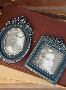 极速复古做旧蓝色树脂玫瑰欧式创意床头柜相框架照片摆.台怀旧装