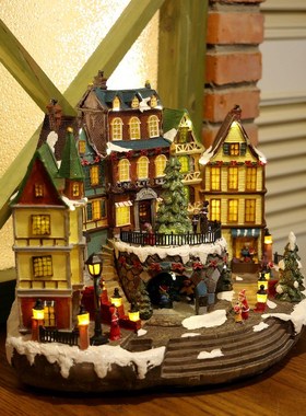 极速欧洲小e镇老式树脂房子圣诞节氛围彩灯音乐盒电动微缩街景装