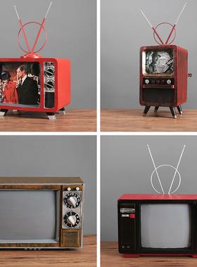 速发复古怀旧687000年代老式做旧黑白电视机模型酒吧餐厅摆具装饰