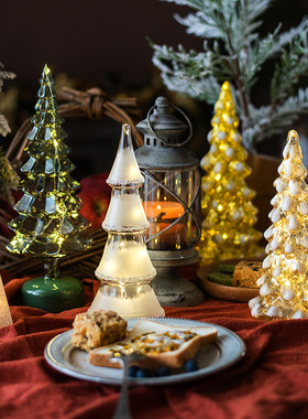 速发 玻璃圣诞树装饰家用桌面摆件光亮发闪小装灯夜饰品场景布置