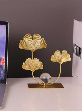 北欧铁艺金色树叶银杏叶子摆件客厅电视柜装饰品创意水晶球工艺礼