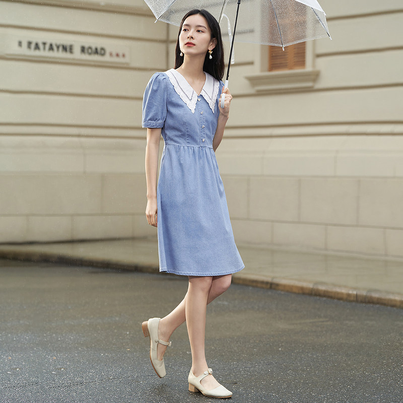 茵曼蓝色牛仔女士2022新款子连衣裙 茵曼一零一度连衣裙