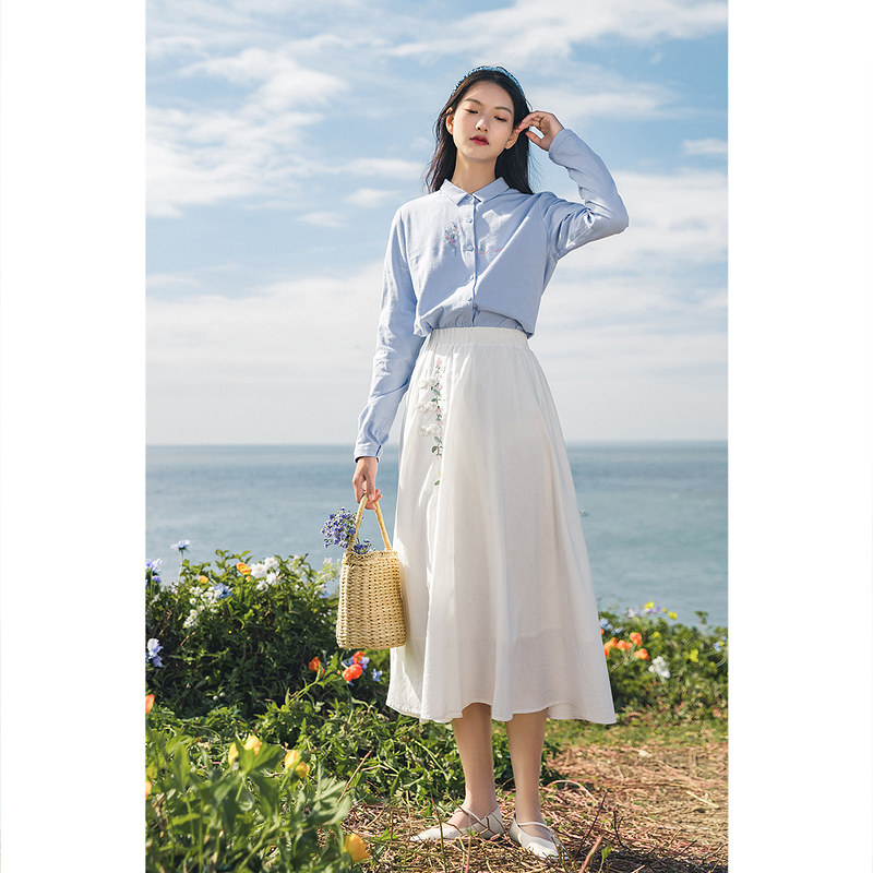 茵曼旗舰店长袖绣花复古纯棉衬衫 茵曼一零一度衬衫