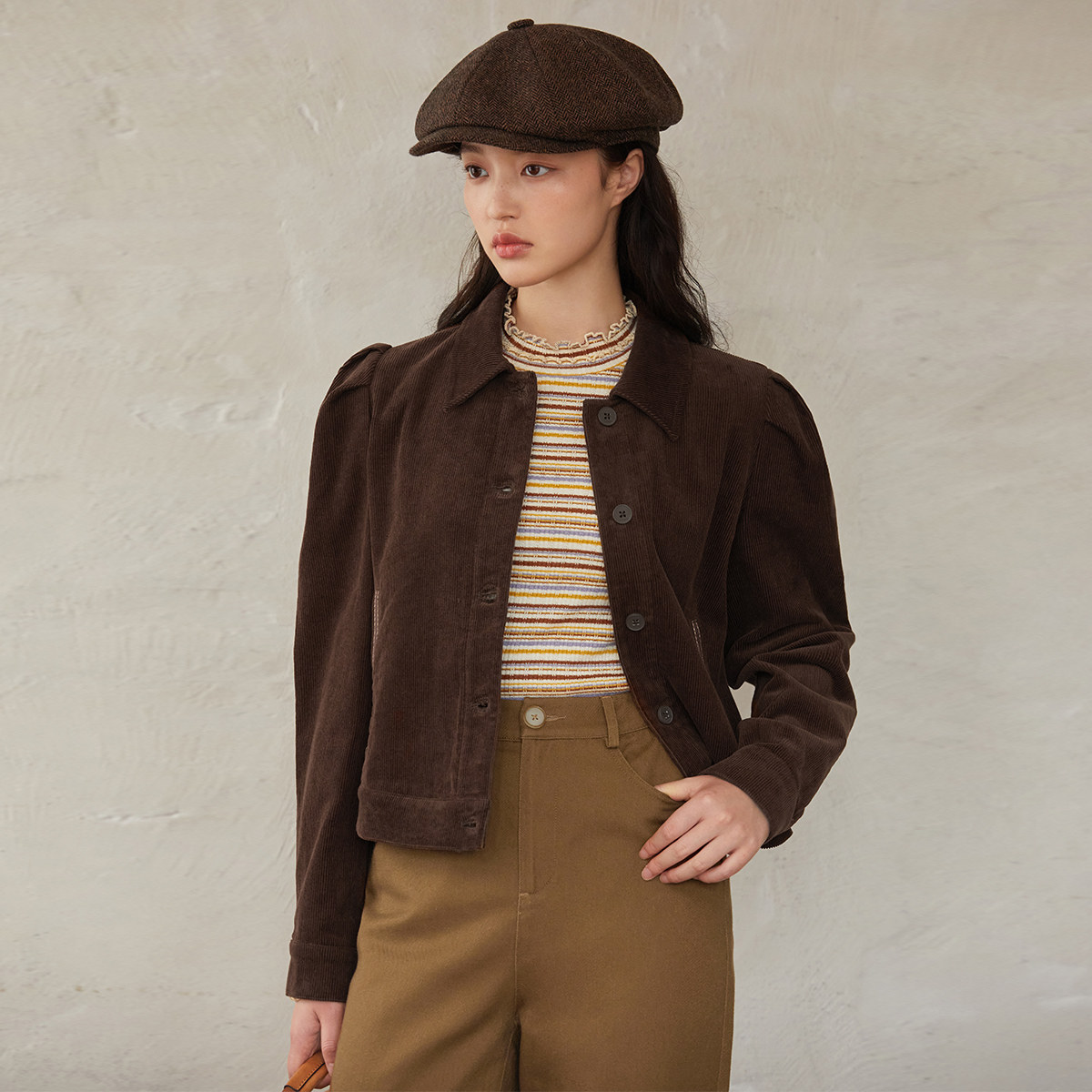 茵曼旗舰店灯芯绒女2021秋纯棉夹克 茵曼一零一度短外套