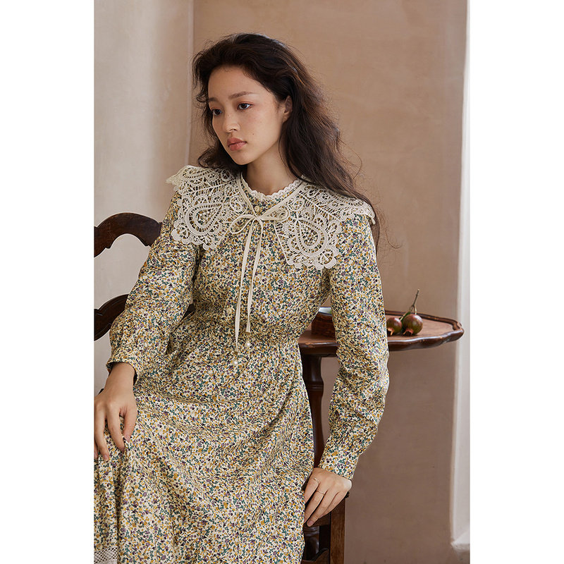 茵曼2021秋季新款圆领花边连衣裙 茵曼一零一度连衣裙