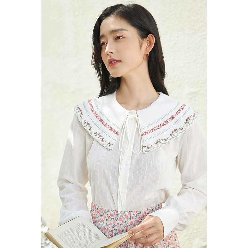 茵曼田园风2022春季新款娃娃衬衣 茵曼一零一度衬衫