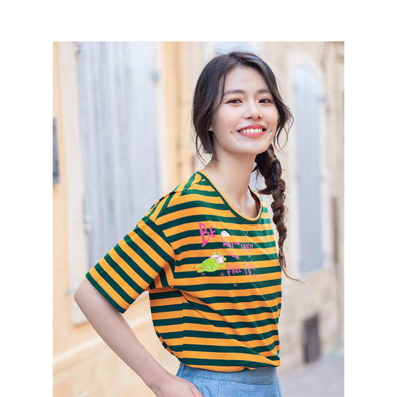 茵曼纯棉活力条纹落肩印花宽松t恤 茵曼一零一度T恤