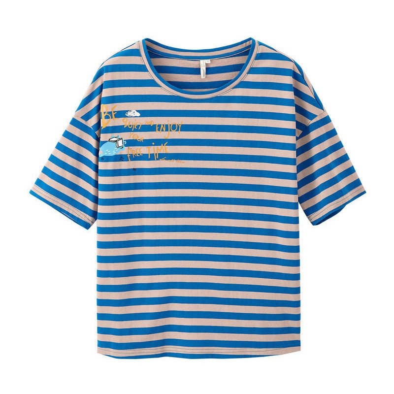 茵曼纯棉活力条纹落肩印花宽松t恤 茵曼一零一度T恤