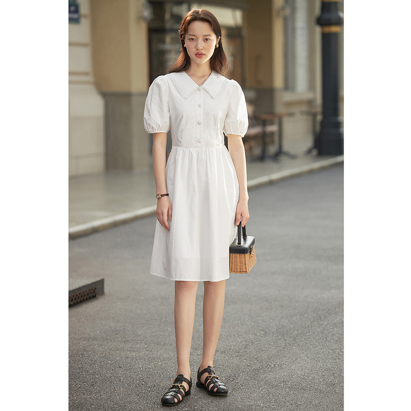 茵曼花边翻领连衣裙2022夏季伞裙子 茵曼一零一度连衣裙