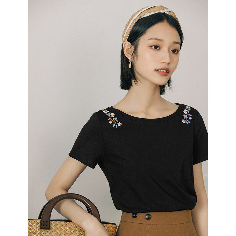 茵曼【新疆棉】圆领短袖女文艺t恤 茵曼一零一度T恤