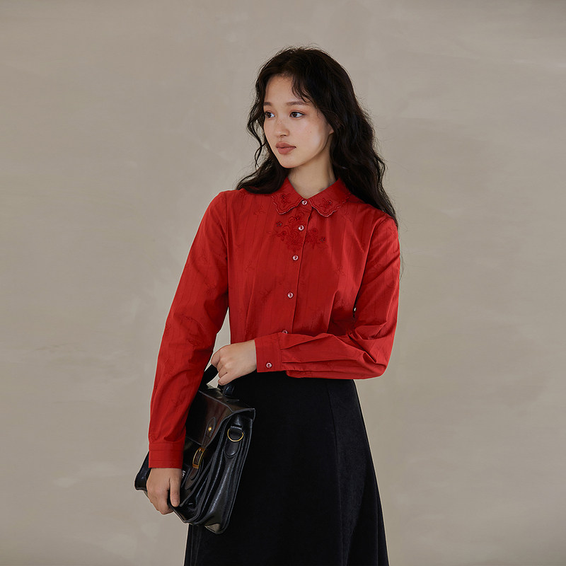 茵曼旗舰店法式女长袖纯棉2021衬衫 茵曼一零一度衬衫