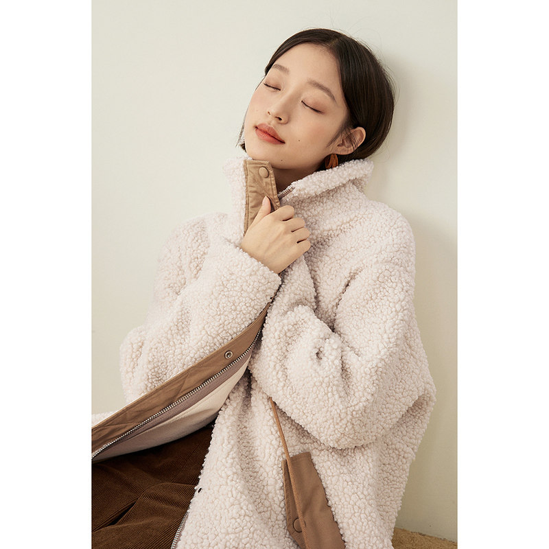 茵曼羊羔绒外套中长款撞色2021冬 茵曼一零一度短外套