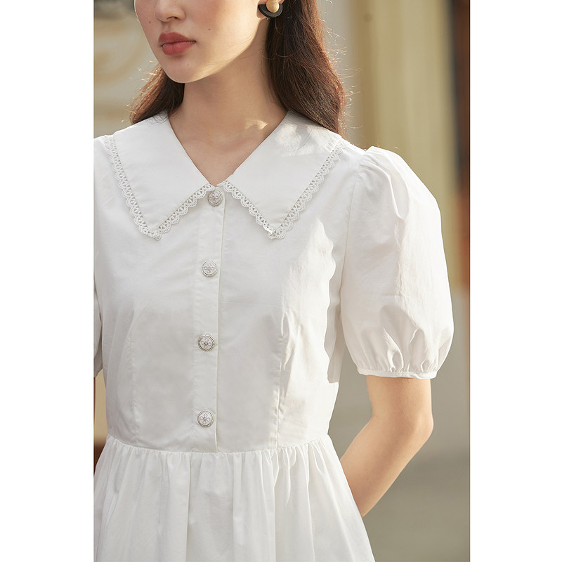 茵曼花边翻领连衣裙2022夏季伞裙子 茵曼一零一度连衣裙